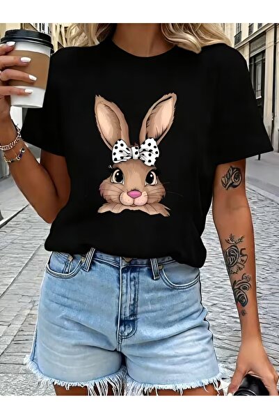 WOODROFFE Γυναικείο χαριτωμένο μπλουζάκι με κουνέλι με τύπωμα oversized φαρδι...