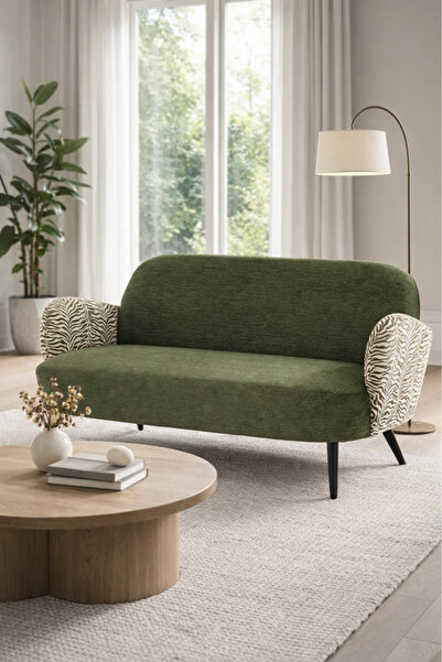 MARIA HOMES Modern Green Two Seat Sofa with Patterned Armrests Upholstered Li...