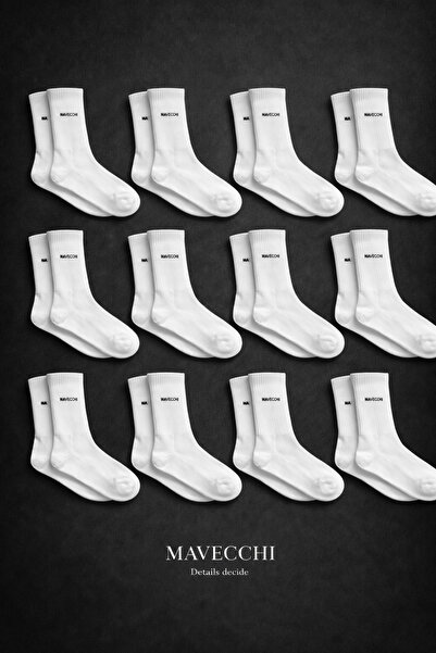 MAVECCHI 12 Çift Kutulu Premium Erkek Beyaz Pamuklu Dikişsiz Soket Çorap