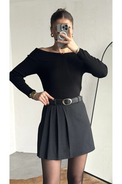 ELAYF تنورة قصيرة نسائية من أنثراسايت بخصر مرتفع حزام قطع فيسكوز بثنيات مع شورت