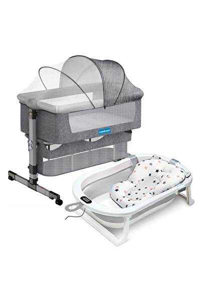 STAR BABiES سرير أطفال جانبي وحوض استحمام قابل للطي ومقياس حرارة - رمادي