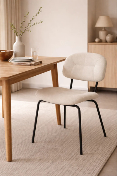 MARIA HOMES Modern Beige Dining Chair with Black Metal Legs Comfortable Dinin...