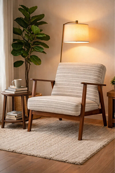 MARIA HOMES Modern Beige Fabric Lounge Armchair with Wooden Frame Comfortable...