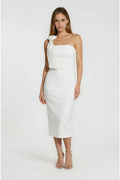 Spazio Tek Omuz Fiyonk Detaylı Davet Elbisesi BEYAZ