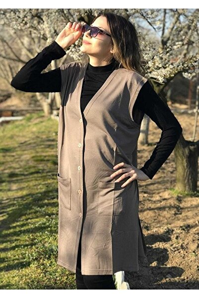 NACAR STYLİSH Kadın Uzun Cepli Penye Anne Tunik Yelek