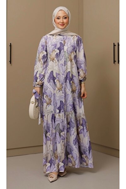 Butik saten kumaş düğme detaylı kolları lastikli kuşaklı elbise