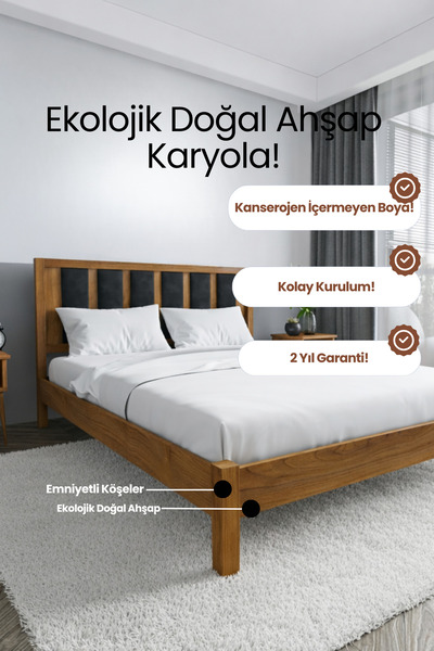 RENAZZO Orion Lacivert Puflu Başlık Masif Ahşap Çam Karyola - Lacivert Kadife...