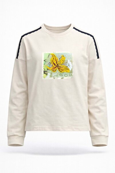 Lolliboomkids Spring Flower Lace Detailed Girls' Sweatshirt - Cream - 13 Years