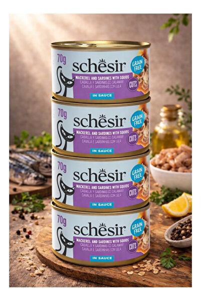 Schesir طعام قطط بالماكريل والسردين مع الحبار في صلصة لذيذة، وصفة بحرية طبيعي...