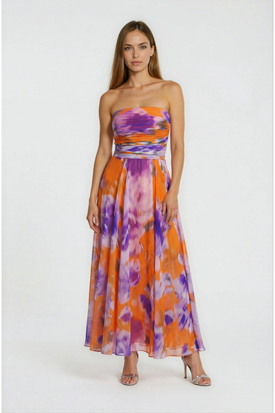 Spazio Safina İnce Askılı Göğüs Piliseli Straplez Yırtmaçlı Uzun Abiye Elbise...