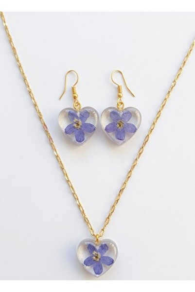 Markasız ucuz Gerçek Kurutulmuş Çiçekli Epoksi Kalp Kolye ve Küpe Seti – Şeff...
