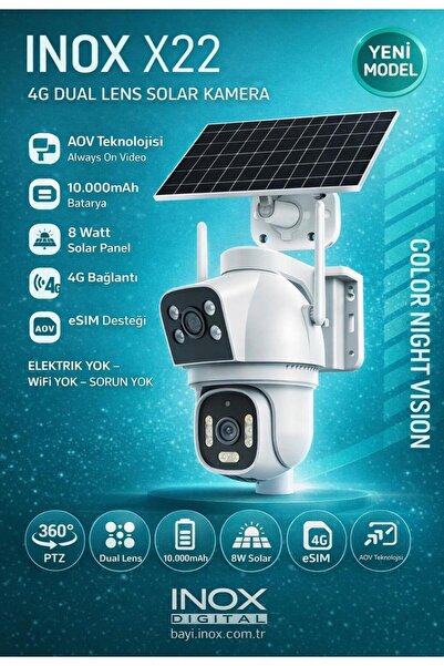 inox KRNTEKNO İNOX-X22 Geceyi Gündüze Çeviren Çift Kameralı 4g Solar Kamera