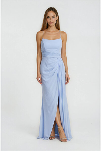 Spazio Straplez Beli Drapeli Uzun Abiye Elbise MAVİ