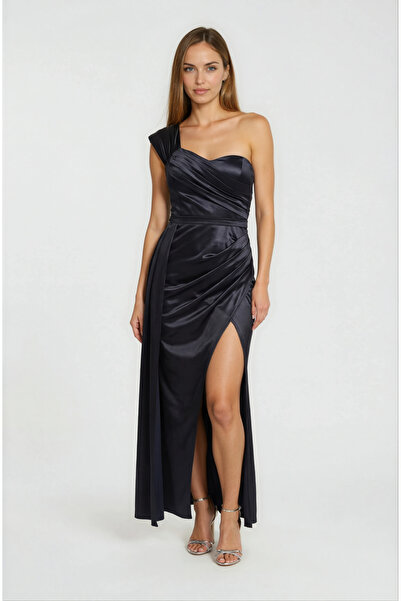 Spazio Tek Omuz Askılı Drapeli Saten Davet Elbisesi SİYAH