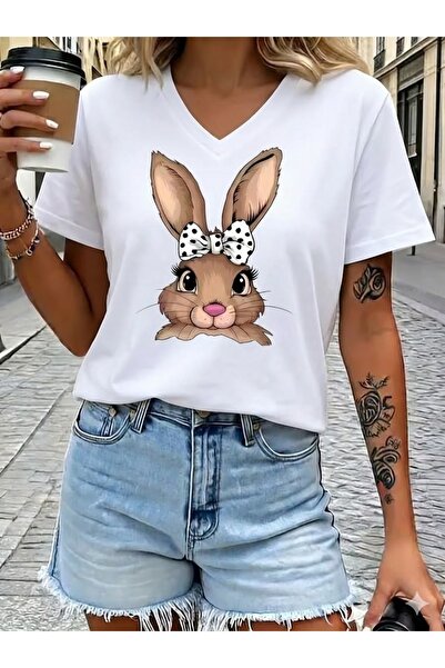 JENOLAN Tricou de damă cu decolteu în V, cu imprimeu iepure, alb/negru, largi...