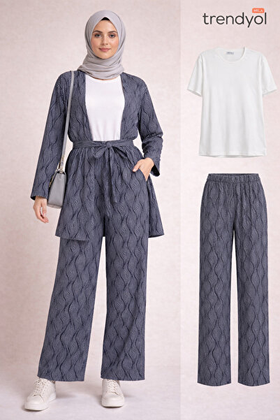 Store Yeni sezon tesettür 3lü takım pantolon tişört kimona kombin