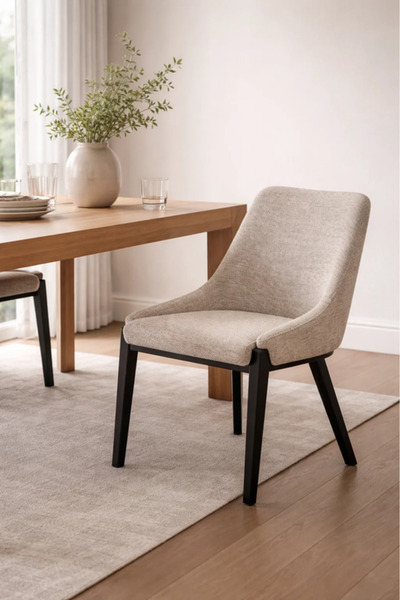 MARIA HOMES كرسي طعام عصري من القماش البيج مع أرجل خشبية سوداء لغرفة الطعام