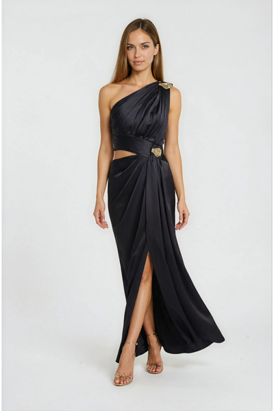 Spazio Tek Omuz Toka Detaylı Davet Elbisesi SİYAH