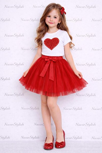 NACAR STYLİSH 23 Nisan 29 Ekim Gösteri Kıyafeti Payetli Kalp Detaylı Tişort T...