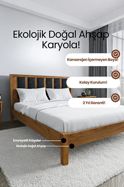 RENAZZO Orion Siyah Puflu Başlık Masif Ahşap Karyola-Siyah Puf Detaylı Doğal ...