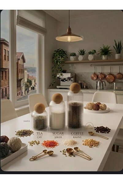 HÜCO BAZAAR 3'lü Şık Yuvarlak Mantar Kapak Bakliyatlık Baharatlık Sürahi Kava...