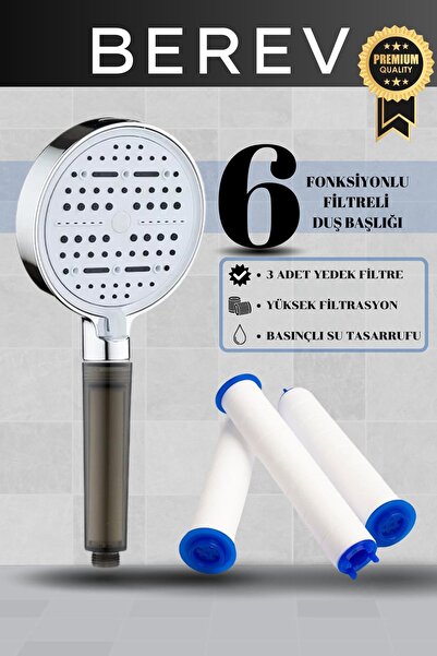 Berev 6 Fonksiyonlu Filtreli Krom Duş Başlığı 3 Adet Yedek Filtre Su Tasarruf...