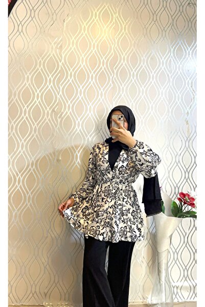 DİLEKBUTİK Siyah beyaz yazlık desenli kimono