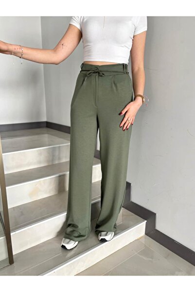 Sude Kızanlıklı Modal Fabric Palazzo Trousers with Elastic Waist and Tie Straps