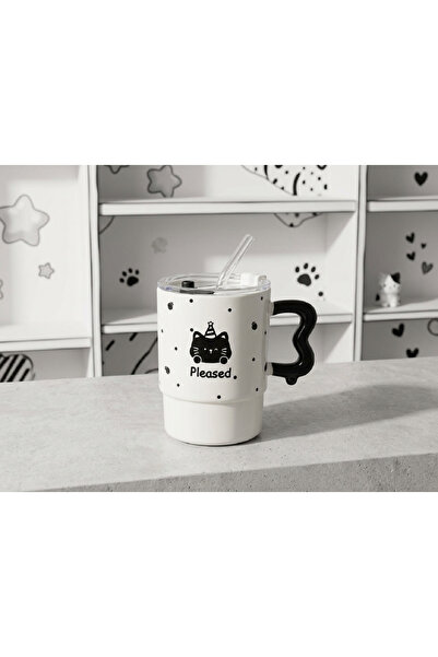 hediyeconcepti 500ml Kawaii Cat Design Mug with Lid and Straw, Black and Whit...