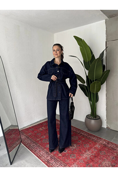 ELAYF Women's Navy Blue Denim Set Oversized Shirt Wide Leg Pants Belt Piece J...