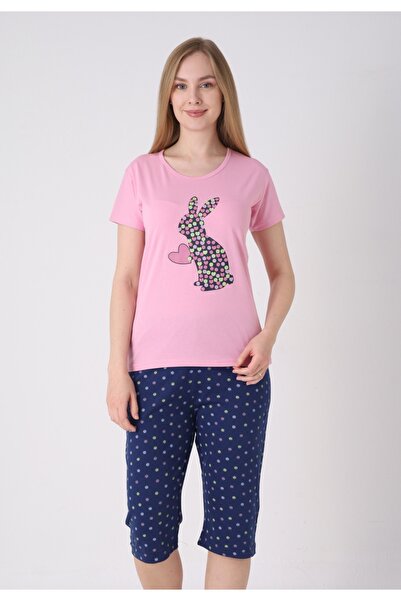 Serena Women's pajamas with Patterned , light pink - Cotton t-shirt and 3/4 p...
