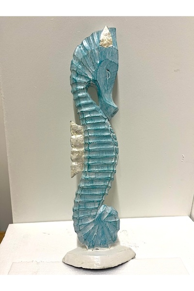 Barc Shop Ahşap Dekoratif Deniz Atı Turkuaz 60 Cm Büyük Otantik El Yapımı Biblo