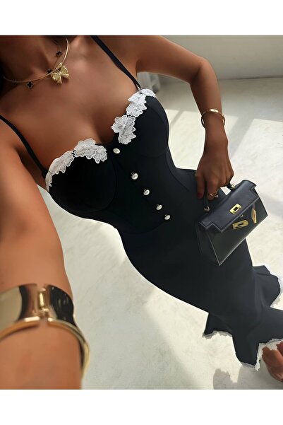 LOKADI فستان سهرة أسود دانتيل بتفاصيل مفصلة على شكل ذيل السمكة موديل متوسط الطول