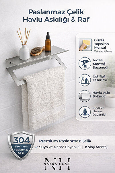NAKRA HOME Raflı Havlu Askılığı Paslanmaz Çelik Yapışkanlı Vidalı Banyo Raflı...