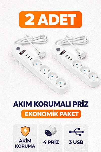 Icon 2 ADET Akım Korumalı 4'lü Priz 3 USB Girişli 2 Metre Kablolu Çoklu Priz ...