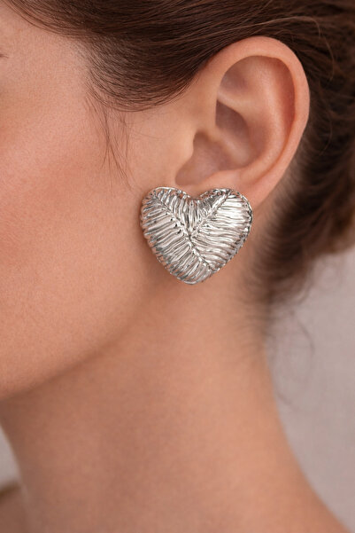 Takıtolia Zeura Silver Heart Figured Surface Rough Design Stylish Earrings