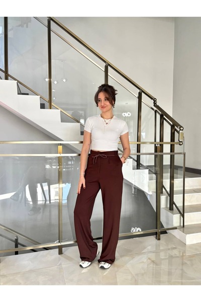 Sude Kızanlıklı Modal Fabric Palazzo Trousers with Elastic Waist and Tie Straps