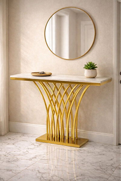 MARIA HOMES طاولة كونسول ذهبية من الفولاذ المقاوم للصدأ بسطح رخامي، مقاس 140×...