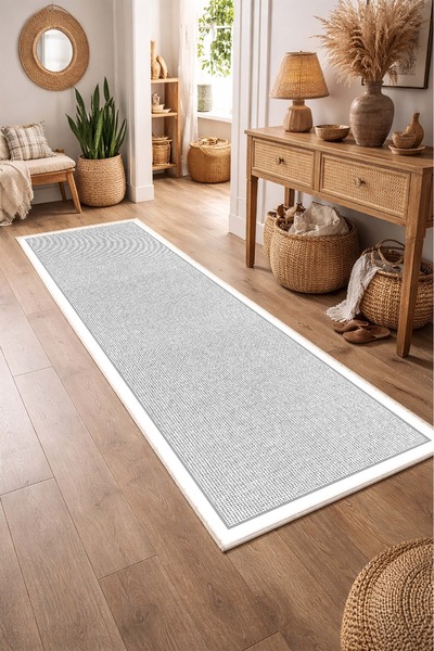 VOPTEKS Gri Beyaz Halı Yolluk Makinede Yıkanabilir Halı Kaymaz Taban Halı