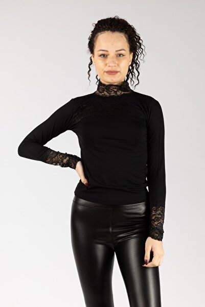 NACAR STYLİSH Kadın Siyah Uzun Kollu Dantelli Likralı Penye Body