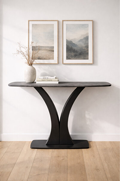 MARIA HOMES طاولة كونسول رمادية داكنة بقاعدة معدنية سوداء، طاولة مدخل عصرية