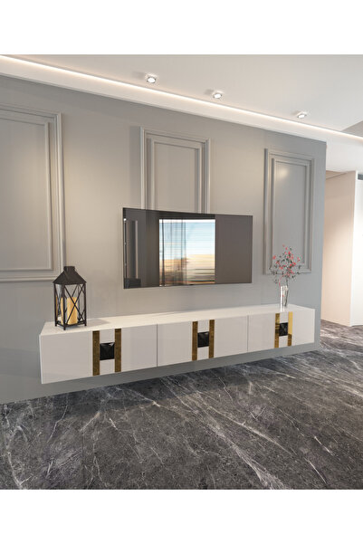 modüvera Date 150 cm Beyaz 3boyutlu siyah detalı Tv Ünitesi