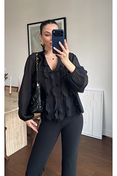 My Blog Black Ruffle Detail Sheer Blouse - 5023