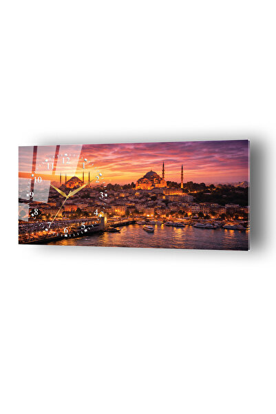 no77decor İstanbul Camii Ve Haliç Temalı Saatli Cam Tablo