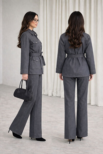 deniva Women's Oversized Wide Leg Jeans (Denim) Belted Gray Set