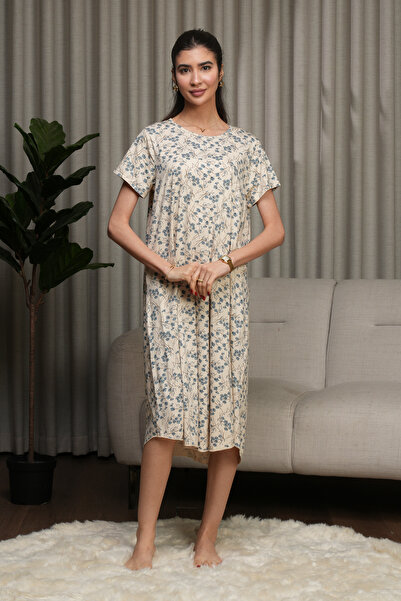 hendam "Soft Rayon" House Dress with Classic Floral Print - Beige and Lilac