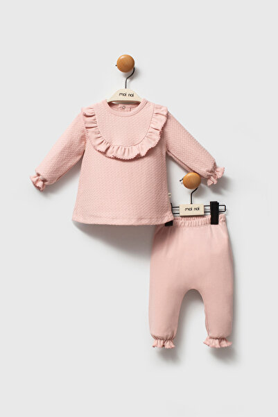 Moi Noi Premium Embossed Textured Ruffled Double Set - Powder