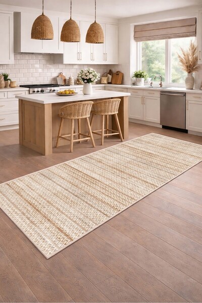 VOPTEKS Bej Kahverengi Halı Mutfak Halısı Makinede Yıkanabilir Halı Kaymaz Ta...