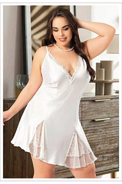 Miss Laris Lingerie Kadın Beyaz Dantel Detaylı Saten Gecelik