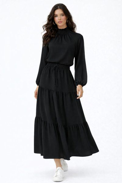 SHEBARA تنورة مزدوجة طويلة من الإيلاستان بخصر مرتفع حزام قطع